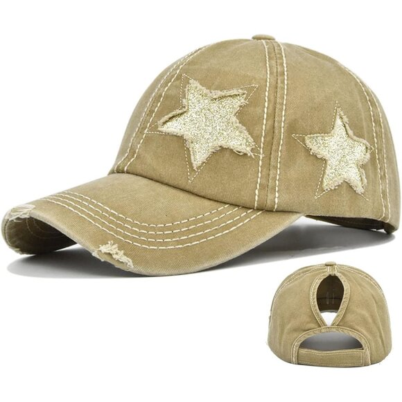 Accessories - Womens Pony Hat High Ponytail Baseball Cap 0001-star Solid Fabric Khaki